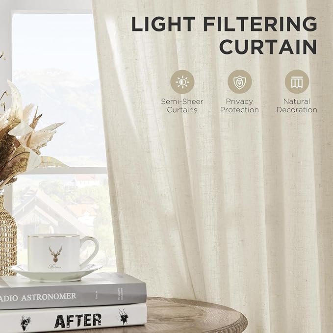 Joydeco Linen Curtains 72 inch Length 2 Panel Set, Light Filtering Curtain for Living Room Bedroom, 52 inch Wide Drapes with Rod Pocket Back Tab