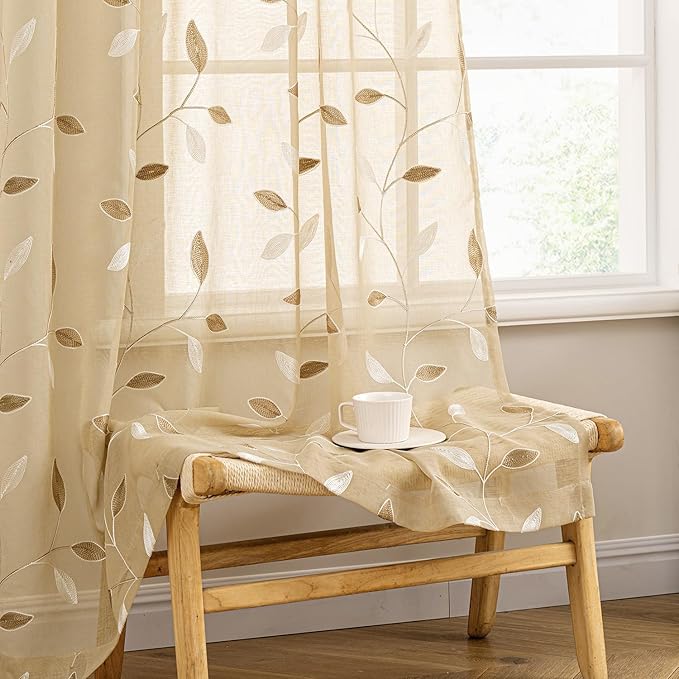 MIULEE Khaki Sheer Curtains 2 Panels Embroidered Leaf Patterned Rod Pocket Floral Semi Sheer Faux Linen Short Window Curtains Drapes Set for Kitchen Bathroom Cafe, 30x24 Inches Length