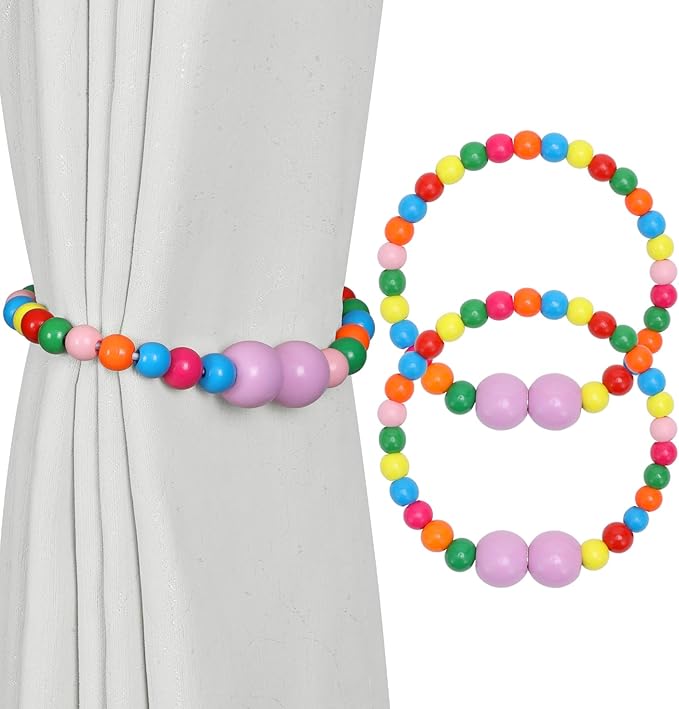 KLOGTSIND Magnetic Curtain Tiebacks, 2 Pack Curtain Holdbacks for Draperies, Wood Bead Curtain Tiebacks, Elegant Curtain Tie Backs for Bedroom Decor, Boho Room Decor, Nursery Decor, Farmhouse Decor
