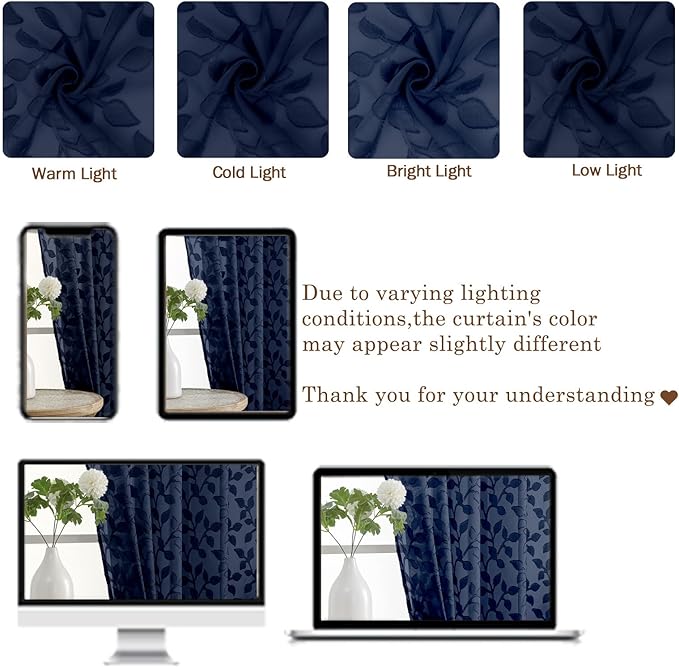 Chyhomenyc Navy Blue Sheer Curtains 90 Inch Length 2 Panels Set, Light Filtering Tufted Textured Soft Airy Rod Pocket Gentle Leaf Window Treatment Drapes for Bedroom Living Room, 52" Wx90 L, 2PCS