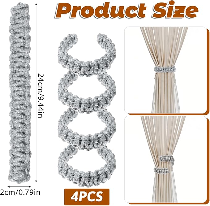Ptwola 4 Pack Braided Curtain Tiebacks Boho Elegant Rustic Curtain Holdbacks Tie Backs Holders Set Simple Light Weight Drapes Decorative Accessories Handmade for Home Office Bedroom Window (4, Grey)