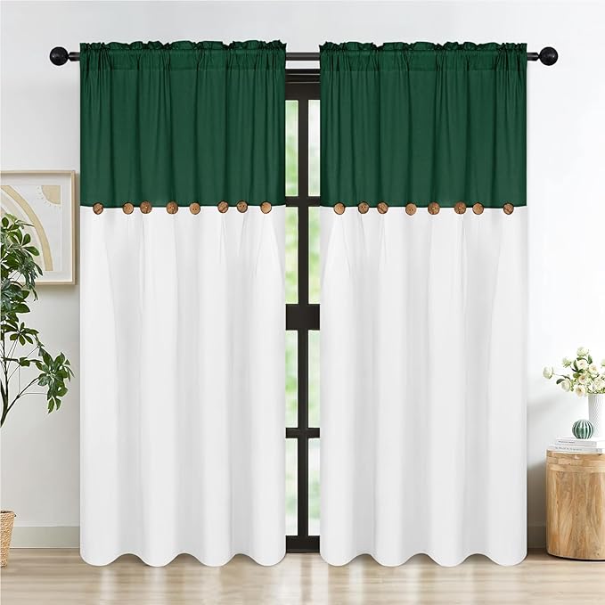 FRAMICS Farmhouse Cotton Linen Curtains for Living Room, Boho Button Curtains 84 Inch Length 2 Panels, Rustic Country Linen Window Curtain for Bedroom Rod Pocket Drapes, 52 x 84 Inch, Green and White