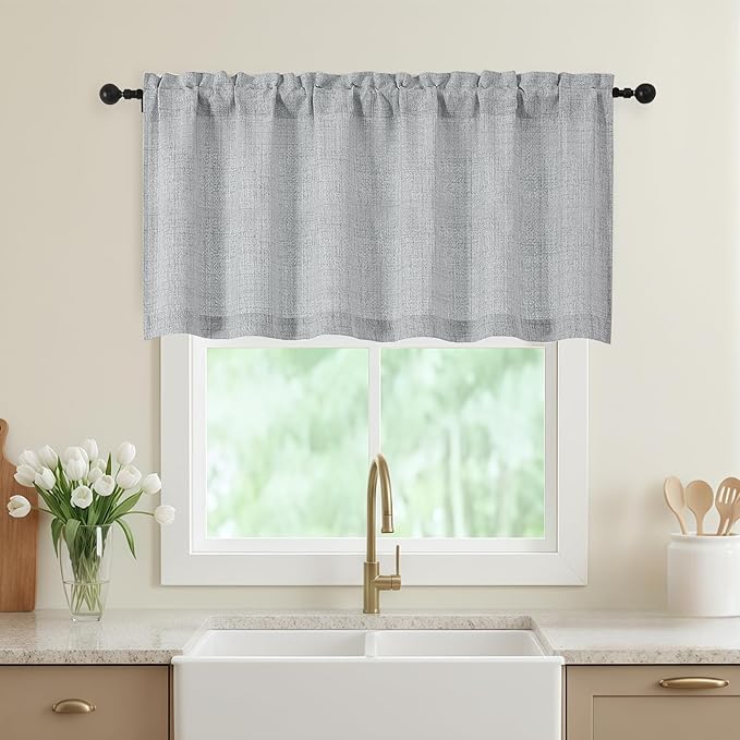 Grey Valances for Windows, Light Filtering Faux Linen Textured Small Short Valance Curtains for Bathroom Basement Farmhouse, Rod Pocket Top Half Curtains for Windows, 60Wx24L Inch