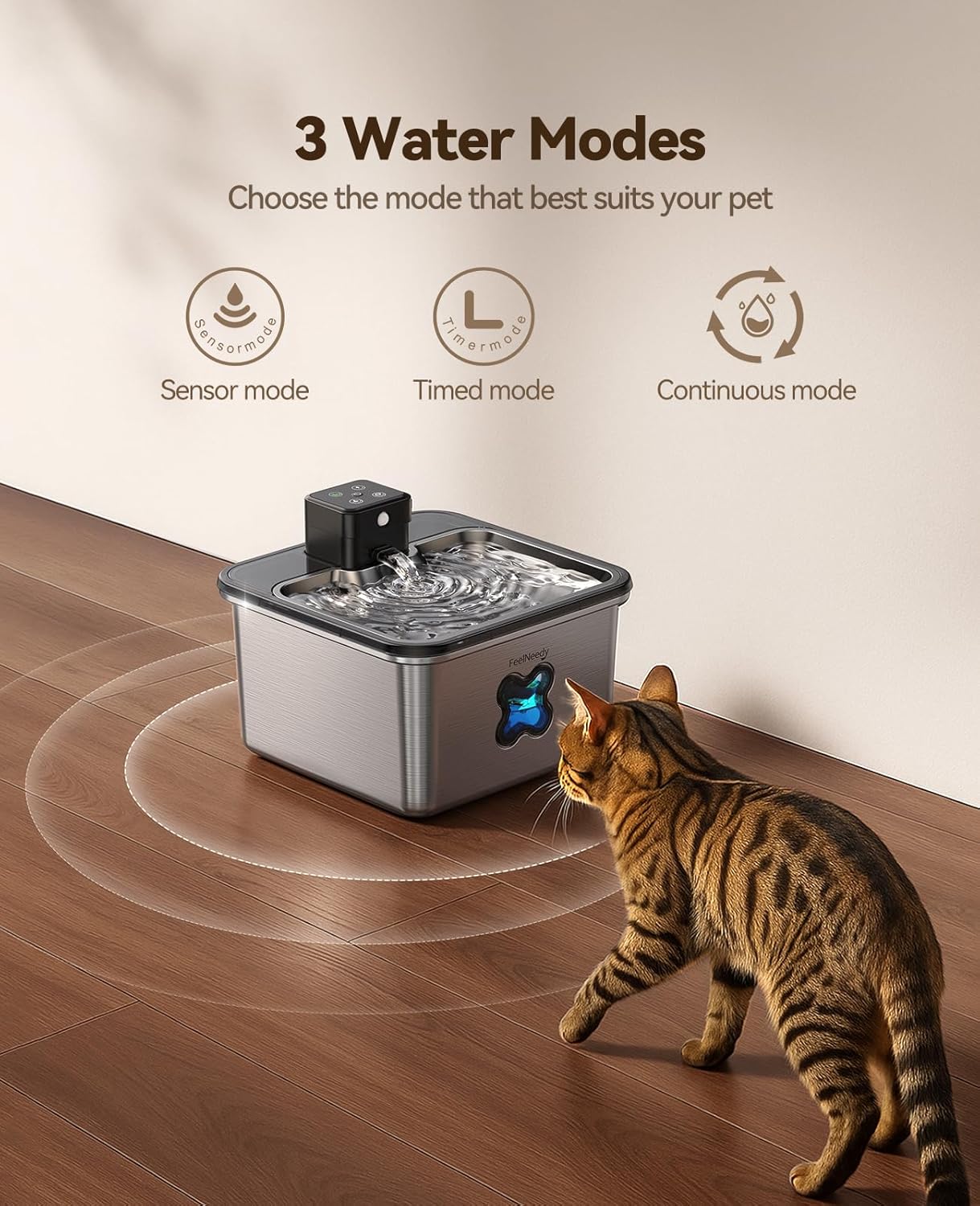 Cat Water Fountain Stainless Steel, FEELNEEDY Visual Filter Automatic Pet Water Fountain for Cats & Dogs Dispenser, Cordless Battery Operated Water Fountain for Cats Indoor - 3.2L/108oz