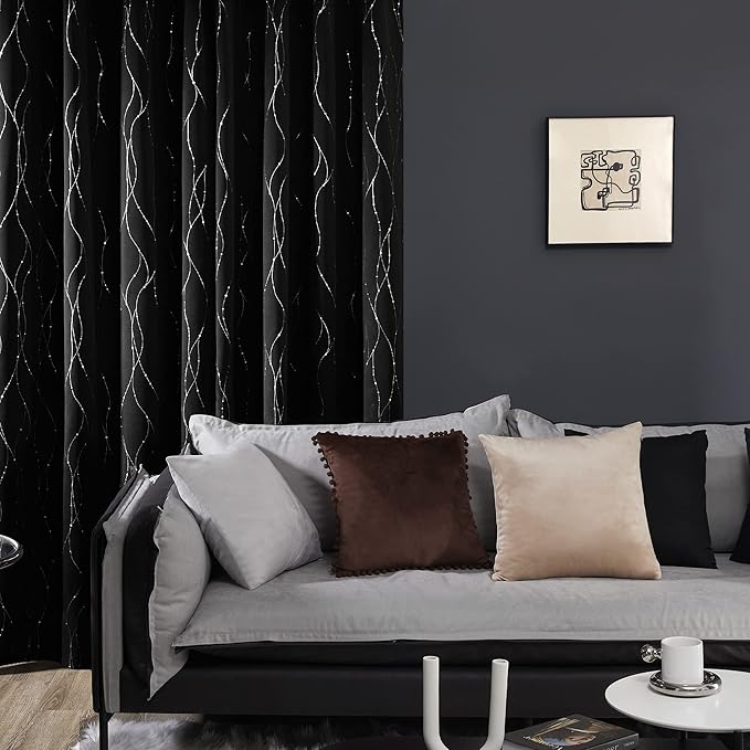 Deconovo Sliding Door Curtains 108 Inch Long, Blak Blackout Window Drapes, Privacy Soundproof Thermal Insulated Curtain with Wave Dots Silver Print, Grommet Top, Set of 2 Panels for Patio Door Bedroom