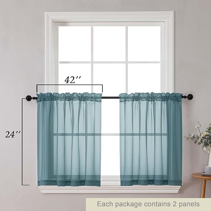 Kitchen Curtains 24 Inch Length Tier 2 Pieces, Dusty Blue Sheer Curtain Solid Soft Sheer Short Curtains for Windows, Cafe Bathroom Basement Rod Pocket Drapes, Dusty Blue, Each 42"Wx24"L Inch