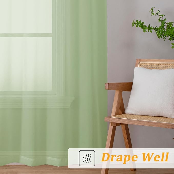 Gwine Light Green Sheer Curtain Tiers 24 Inch Length, Light Filtering Voile Short Curtain for Living Room Bedroom, Rod Pocket Cafe Curtains for Small Windows 42x24 Inch, 2PCS