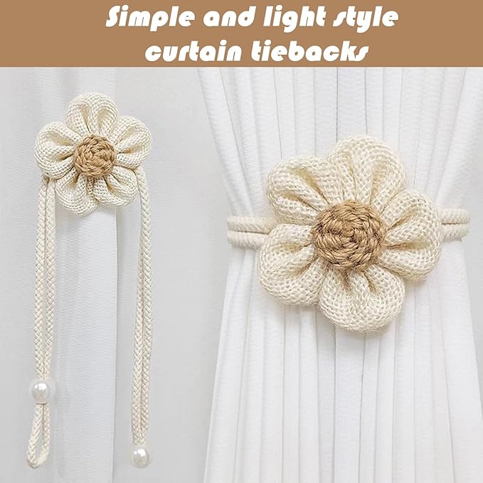 SRG 4pcs Handmade Pearl Curtain Tiebacks Boho Flower Curtain Holdbacks with Buckle Pins Simple Elegant Sunflower Rope Curtain Boho Bedroom Decor（Large Cream&Khaki）