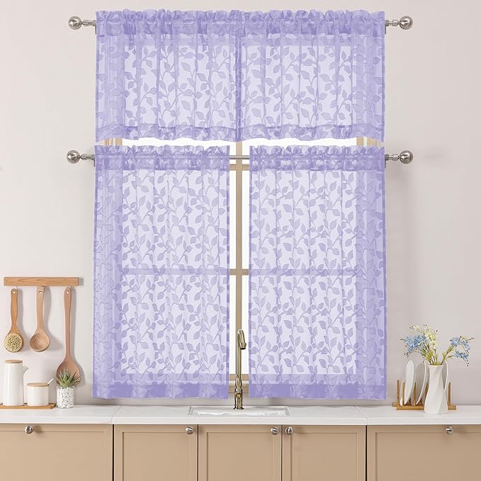 Chyhomenyc Light Purple Sheer Valances for Windows 18 Inch Length 2 Pcs, Light Filtering Leaf Textured Cafe Short Kitchen Curtains, Top Small Curtain for Living Room Bedroom Basement, 42" W x 18" L