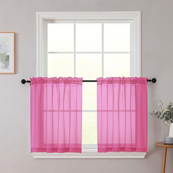 Kitchen Curtains 24 Inch Length Tier 2 Pieces, Hot Pink Sheer Curtain Solid Soft Sheer Short Curtains for Windows, Cafe Bathroom Basement Rod Pocket Drapes, Hot Pink, Each 42" Wx24 L Inches