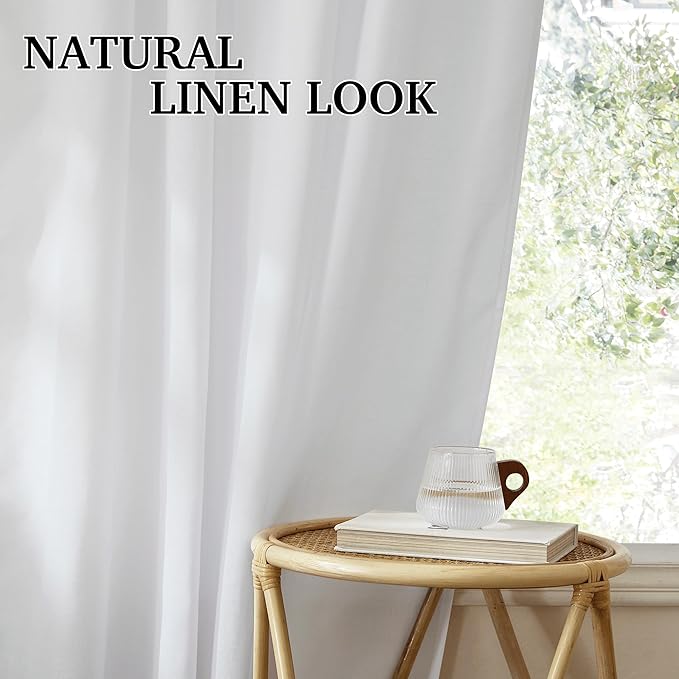 RYB HOME White Linen Curtains 84 inches Long, Semi Sheer Light Filtering Back Tab Breathable Window Curtains & Drapes for Bedroom Living Room Yoga Room, W 52 x L84 inches, 2 Panels Set