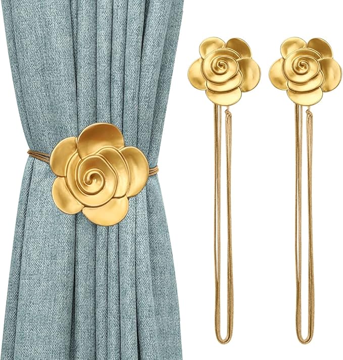 Lewondr Magnetic Curtain Tiebacks, Vintage Curtain Holdbacks, Resin Flower Curtain Ties with Rope Drapery Retro Window Curtain Decorative Buckle Holder for Outdoor, Home Office, and Cafe Balcony, Gold