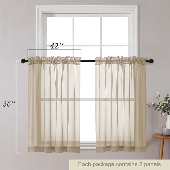 Cafe Curtains 36 Inch Length Tier 2 Pieces, Modern Soft Airy Sheer Kitchen Short Curtains for Small Window, Rod Pocket Small Curtain for Bathroom Basement, Taupe, Each, 42" Wx36 L Inches