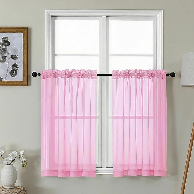 Gwine Short Kitchen Sheer Curtains 36 Inch Length - Light Filtering Voile Small Half Window Curtain for Basement, Rod Pocket Cafe Curtains for Bathroom Cabinet, 42Wx36L Inch, 2 Panels, Pink