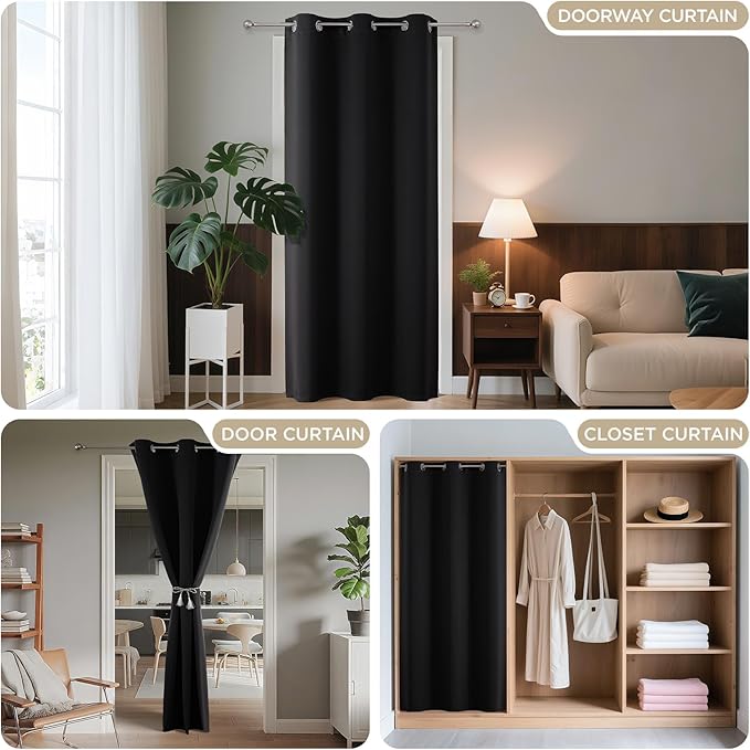 Joydeco Blackout Door Curtain for Doorway Privacy 84 Inches Long, Grommet Closet Curtain for Open Closet, Room Divider for Bedroom Living Room (Black, 52Wx84L, 1 Panel)