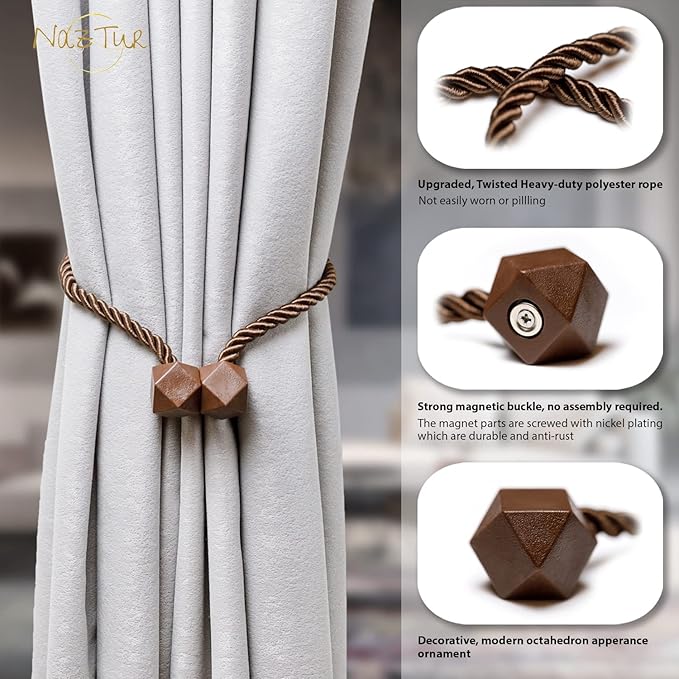 NazTur Magnetic Curtain Tiebacks- Upgrade 2022 with a Thicker Twist Rope & Strong Magnet Tieback Window Treatment Holdbacks Draperies Holders Decorative Drape Handmade Tie Back (Coffee Dark, 4)