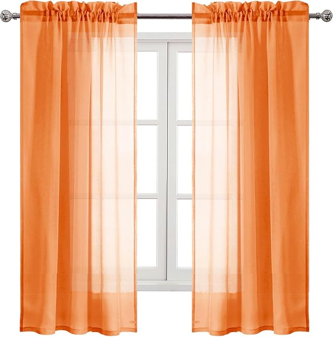 DWCN Sheer Orange Curtains 63 inch Length 2 Panels Set, Rod Pocket Solid Color Gauzy Window Treatments Lightweight Breathable Panels for Bedroom/Kitchen/Living, 2pcs, W42 x L63