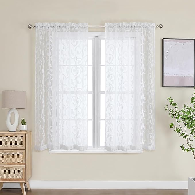 OWENIE Furman White Sheer Curtains 45 Inch Length 2 Panels Set for Living Room Bedroom Bathroom Window, Airy Jacquard Clip Short Curtains for Small Window, 40Wx45L inch