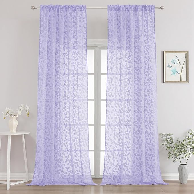 Chyhomenyc Extra Long Light Purple Sheer Curtains 108 Inch Length 2 Panels Set, Light Filtering Tufted Textured Soft Airy Rod Pocket Leaf Window Treatment Drapes for Living Room, 52" Wx108 L, 2PCS