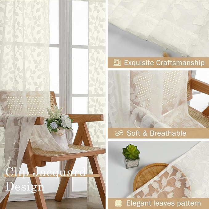 Chyhomenyc Ivory Sheer Curtains 84 Inch Length 2 Panels Set, Light Filtering Tufted Textured Soft Airy Rod Pocket Gentle Leaf Window Treatment Drapes for Bedroom Living Room, 42" Wx84 L, 2PCS