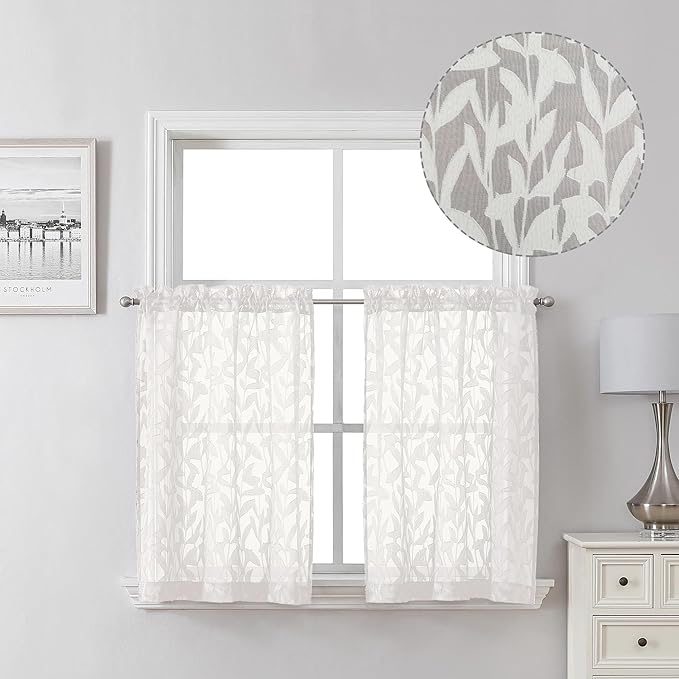 Lecloud Leia Ivory 2 PCS Sheer Kitchen Curtains 30 Inch Length, Breathable Clip Textured Leaf Cafe Bedroom Voile Curtain Tiers, Dual Rod Pockets Jacquard Bathroom Bedroom Drapes, 40 W x 30 L