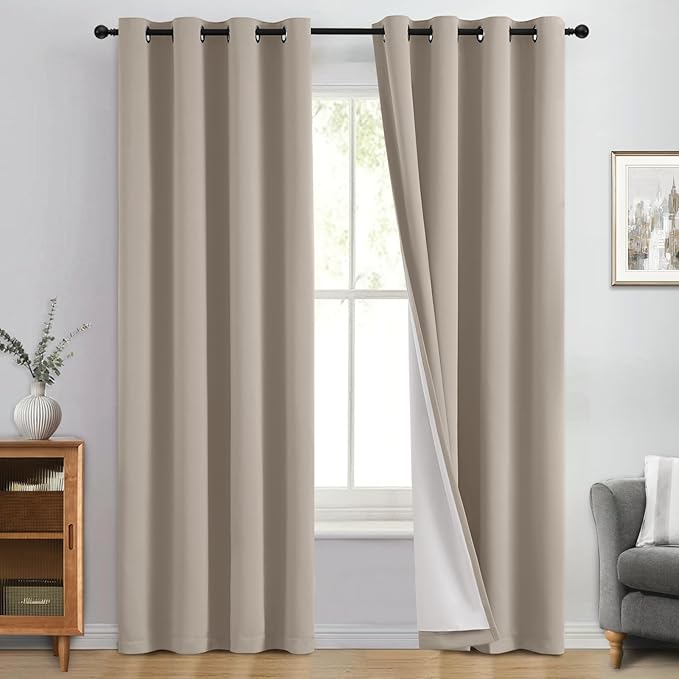Yakamok 100% Blackout Curtain Panels 96 inches Cold and Light Blocking Drapes for Nursery, 2 Thick Layers Thermal Insulated Draperies (2 Pieces, 50 Wide Each Panel, Natural Front with White Backing)
