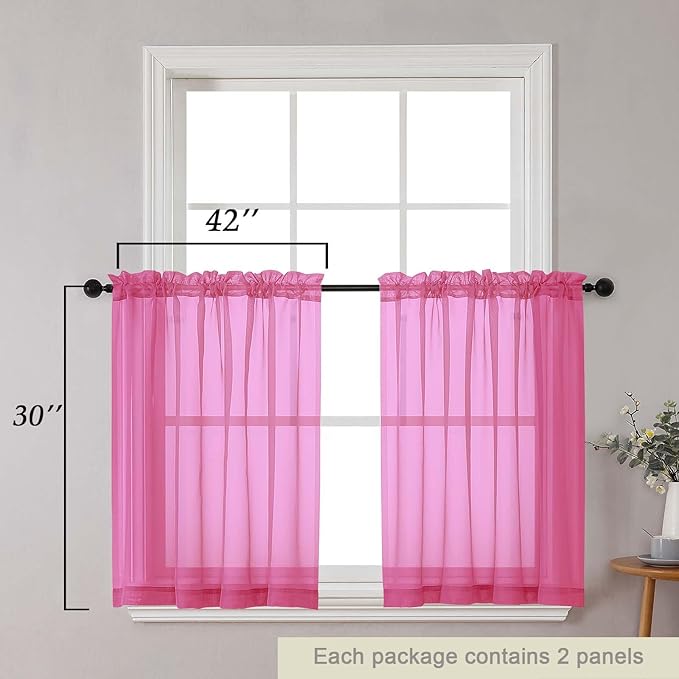 Hot Pink Kitchen Curtains 30 Inch Length Tier 2 PCS, Solid Soft Airy Half Curtains for Windows, Sheer Rod Pocket Drapes for Bathroom Basement Small Window, Hot Pink, 42" Wx30 L Inches
