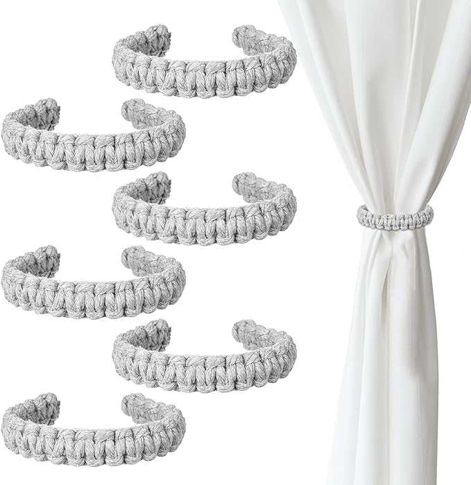 Ptwola 6 Pack Braided Curtain Tiebacks Boho Elegant Rustic Curtain Holdbacks Tie Backs Holders Set Simple Light Weight Drapes Decorative Accessories Handmade for Home Office Bedroom Window (6, Gray)