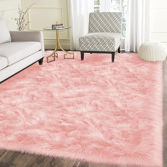 Latepis Pink Rugs for Living Room Shag 6x8 Faux Fur Sheepskin Rug for Sofa Bedroom Fluffy Washable Furry Plush Rug, Rectangle