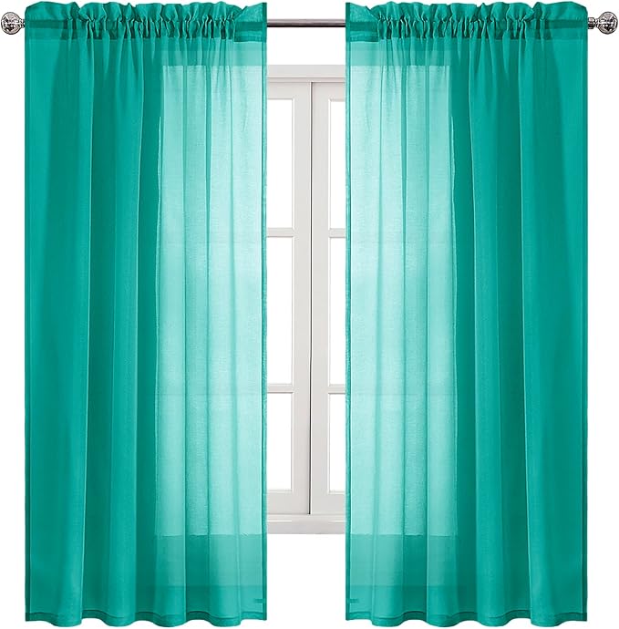 DWCN Teal Sheer Curtains Semi Transparent Voile Rod Pocket Curtains for Bedroom and Living Room, 52 x 63 inches Long, Set of 2 Panels