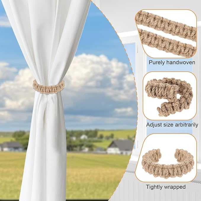 Ptwola 6 Pack Braided Curtain Tiebacks Boho Elegant Rustic Curtain Holdbacks Tie Backs Holders Set Simple Light Weight Drapes Decorative Accessories Handmade for Home Office Bedroom Window (6, Linen)