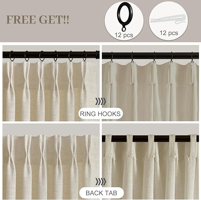 IVAPUPU Pinch Pleated Curtains 90 Inch Long for Living Room, Light Filtering Privacy Linen Curtain Extra Wide Semi Sheer Drapes Back Tab with Hooks Rings for Bedroom, 70Wx90L, Sand Beige, 1 Panel