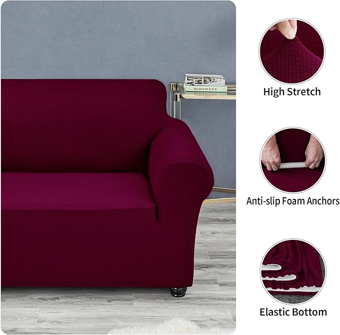 Joccun Christmas Stretch Couch Cover Slipcovers, 1-Piece Sofa Covers for 3 Cushion Couch Spandex Jacquard Washable Furniture Protector Cover for Living Room,Kids,Pets(Sofa,Burgundy)