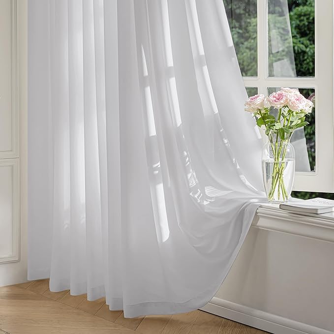FMFUNCTEX Sheer Non-See-Through Grey Curtains for Bedroom, Faux Silk that Let Light Curtains 96 inches Long Light Filtering Privacy Sheer Window Drapes for Living Room, Rod Pocket 2 Panels Set