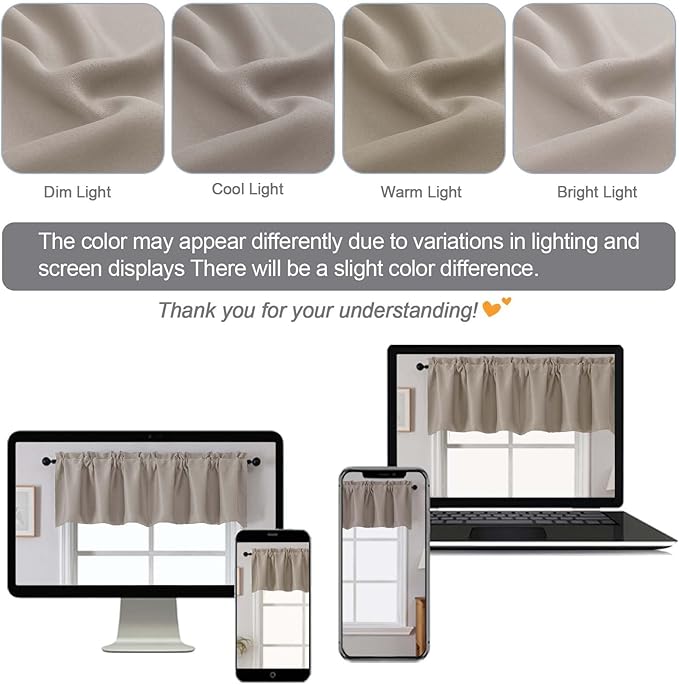 Chyhomenyc Stone Valances for Window, Room Darkening Short Curtains for Kitchen Bedroom Living Room, Rod Pocket Top Small Window Treatment Valance RV Bunk Panels, 60Wx18L, 2 Pieces