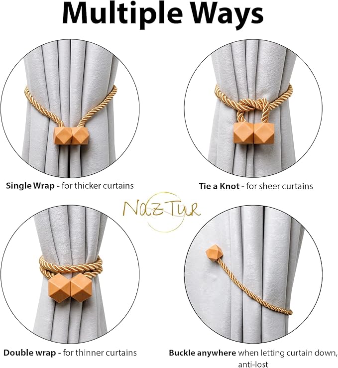 NazTur Magnetic Curtain Tiebacks- Upgrade 2022 with a Thicker Twist Rope & Strong Magnet Tieback Window Treatment Holdbacks Draperies Holders Decorative Drape Handmade Tie Back (Gold, 2)