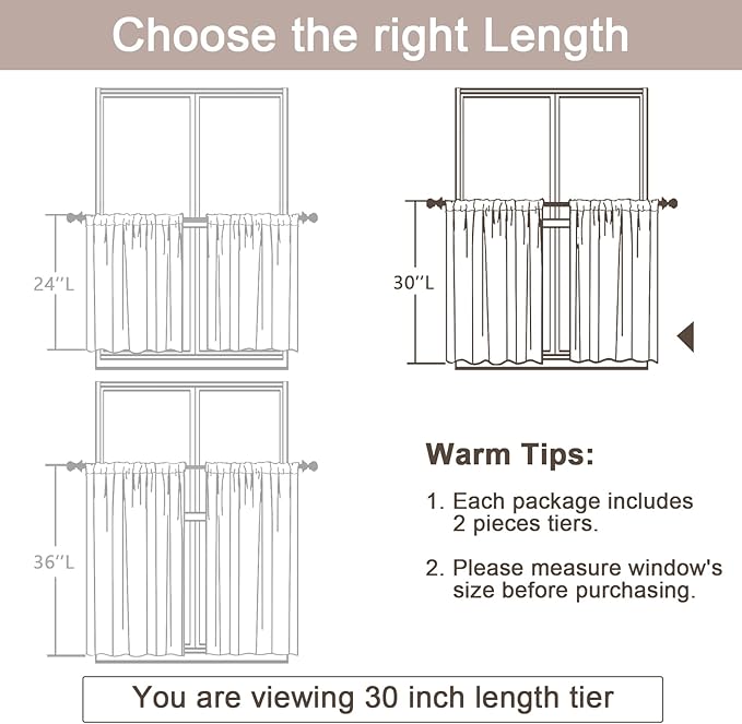 OWENIE Furman Cafe Curtains 30 Inch Length 2 Panels Set, Elegant Geometric Jacquard Short Sheer CurtainsTiers for Kitchen/Living Room/Bedroom Small Window 28" W x 24" L, Grey