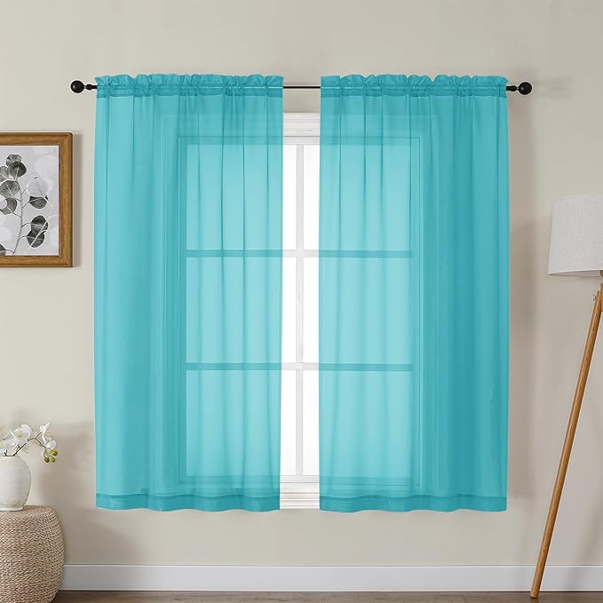 Gwine Turquoise Sheer Curtains for Bedroom 54 inches Long 2 Panels, Light Filtering Voile Rod Pocket Curtains, Airy Transparent Sheer Drapes for Living Room, Each 42" Wx54 L