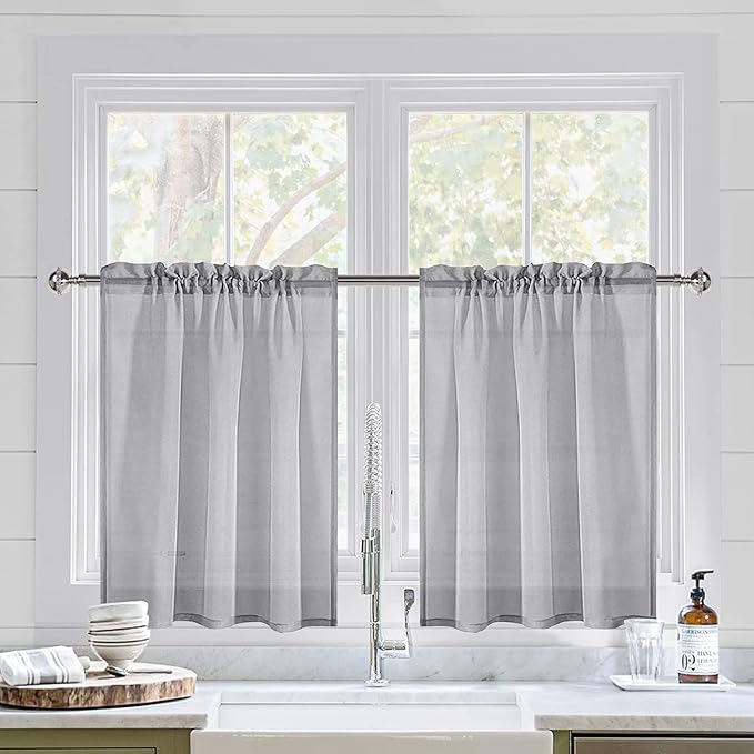 DWCN Grey Sheer Curtains for Kitchen Windows - Rod Pocket Semi Transparent Voile Tier Curtains for Bedroom, Living Room, Farmhouse, 36 x 36 inches Long, Set of 2 Panels