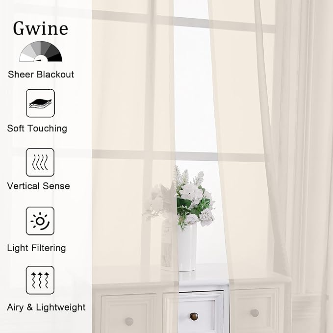 Gwine Cream Sheer Curtain Tiers 24 Inch Length 2 Panels, Light Filtering Voile Short Curtain for Living Room Bedroom, Rod Pocket Curtains for Small Windows 42x24 Inch, 2PCS