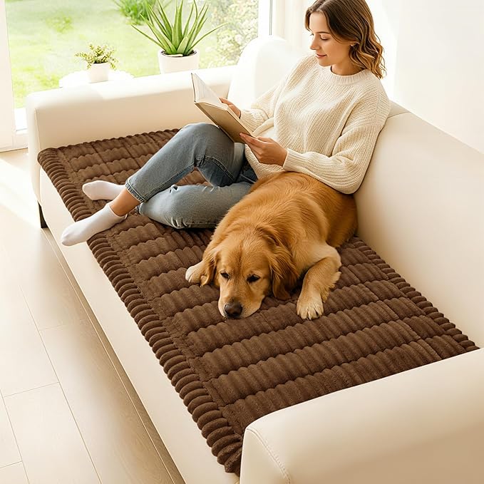 hyha Couch Covers for Dogs Washable, Non Slip Plush Dog Sofa Protectors, Fuzzy Pet Couch Covers for 3 Cushion Sofa Pet Friendly (Brown, 27.6" x 82.7")