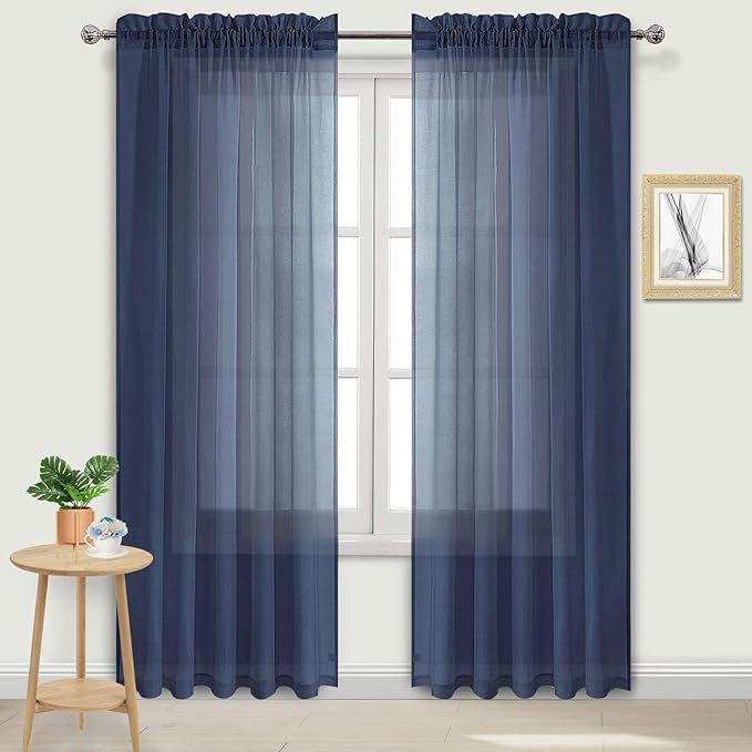 DWCN Navy Blue Sheer Curtains Semi Transparent Voile Rod Pocket Curtains for Bedroom and Living Room, 60 x 96 inches Long, Set of 2 Panels