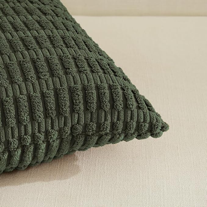 Fancy Homi 4 Packs Boho Olive Green Decorative Throw Pillow Covers 22x22 Inch for Couch Bed Sofa, Rustic Modern Farmhouse Home Decor, Soft Plush Corduroy Cute Square Cushion Case 55x55 cm