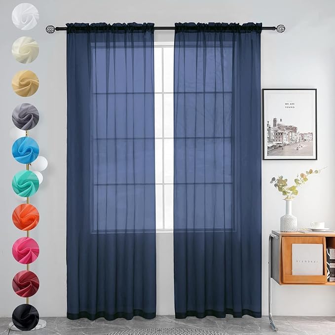 youleyar Solid Sheer Rod Pocket Curtain Voile Draperies 2 Panels White Beige Black Grey Coffee 52 Inch Width 84 Inch Long 1 Pair for Kitchen Bedroom Children Living Room Yard (Navy,52Wｘ84L)