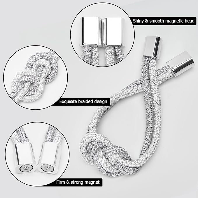 NICEEC 2 Pack Mini Magnetic Curtain Tiebacks Nordic Simple Style Drape Tie Backs Elegant Hand Weave Rope Knot Decorative Curtain Holdbacks for Home & Office Thin Window Drapery (Grey & White)