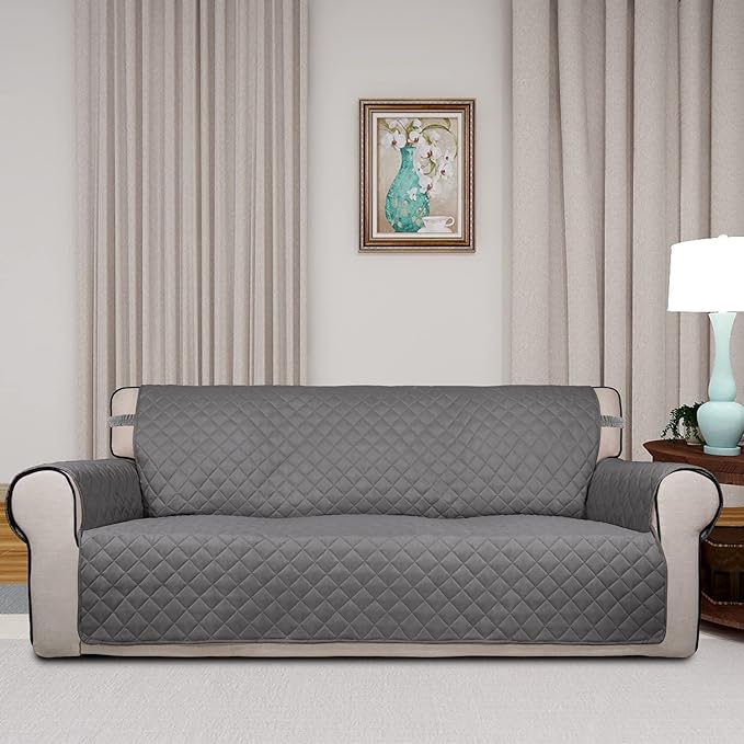 PureFit Reversible Quilted Sofa Cover, Water Resistant Slipcover Furniture Protector, Washable Couch Cover with Non Slip and Elastic Straps for Kids, Pets (Oversized Sofa, Gray/Gray)