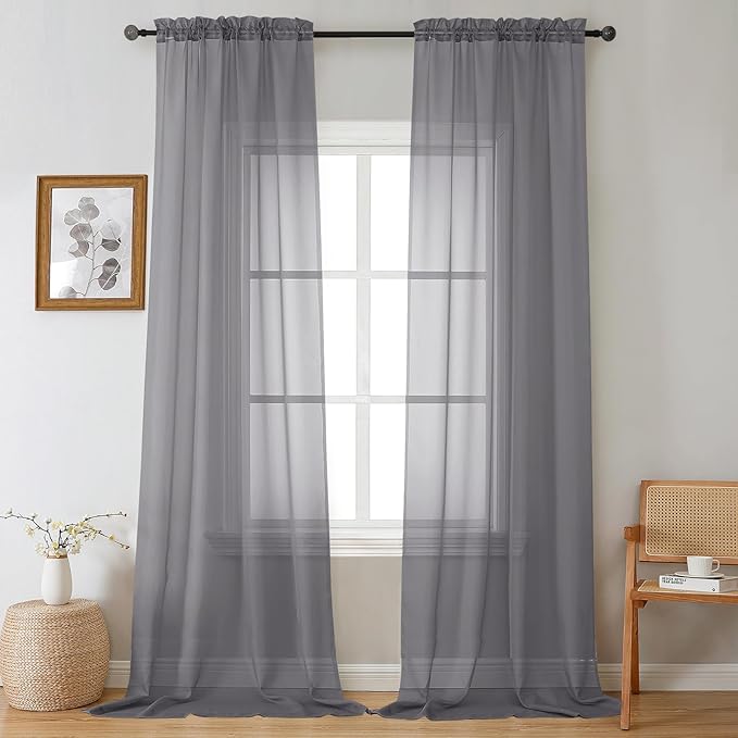 Gwine Charcoal Grey Sheer Curtains 108 Inches Long 2 Panels Set, Voile Light Filtering Window Treatment Drapes for Living Room Bedroom Canopy, Each 42Wx108L inches, 9 Ft, Charcoal Grey
