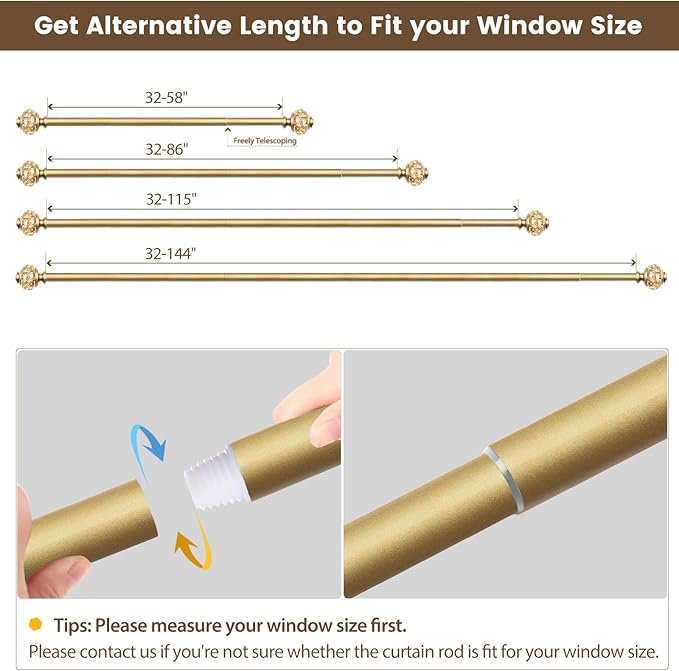 Curtain Rods 32 to 58 Inches (2.6-4.8ft), USFOOK 7/8 Inch Telescoping Splicing Drapery Rods for Windows 20 to 54 Inch, Decorative Curtain Rod for Home Decor with Luxury Gold Translucent Finials