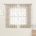 HOMEIDEAS Taupe Sheer Kitchen Curtains 52 x 45 Inch Length 2 Panels Beige Embroidered Leaf Pattern Short Curtains for Bedroom Half Small Window Rod Pocket Tiers