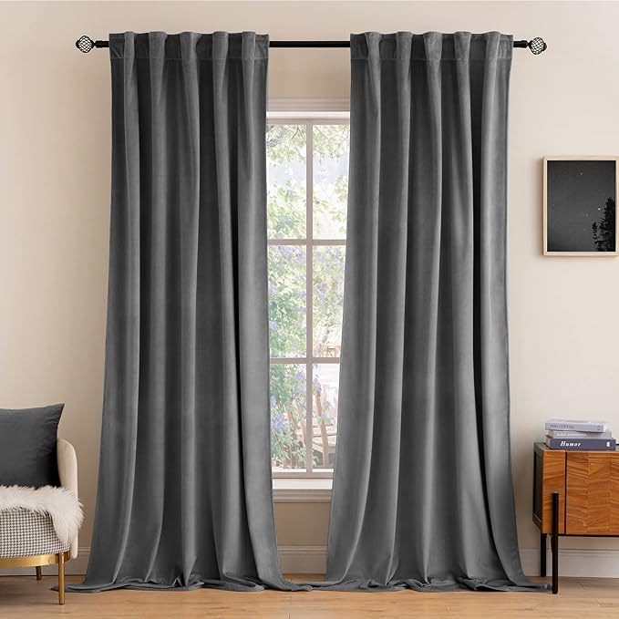 MIULEE Grey Velvet Curtains 90 inches 2 Panels - Luxury Blackout Curtains for Bedroom Living Room Thermal Insulated Super Soft Window Drapes Rod Pocket & Back Tab, W 52 x L 90 inch